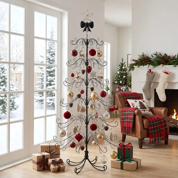 6ft Black PVC Metal Artificial Christmas Tree with Bow Topper