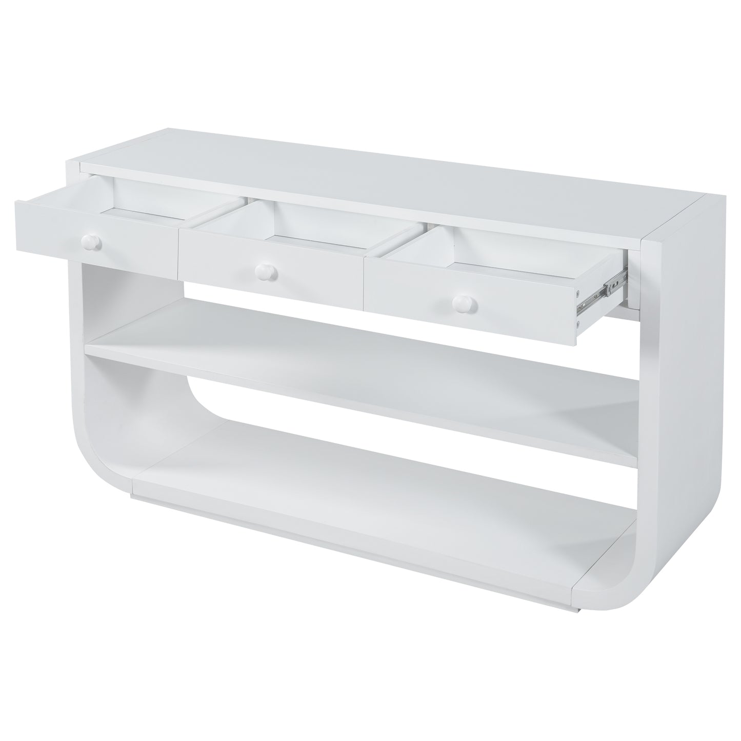 Modern Curved Console Table with 3 Soft-Close Drawers & 2 Shelves - White
