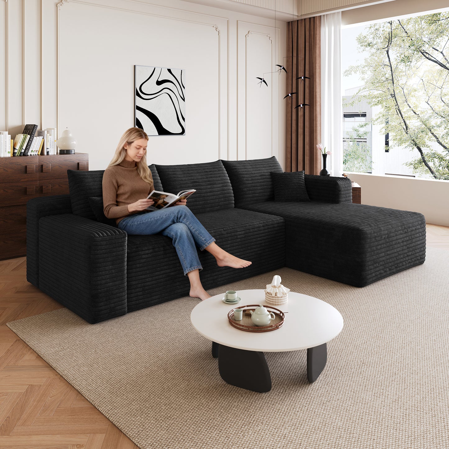 95" Cloud Sectional Sofa - Modern U Shaped Couch in Black Fabric