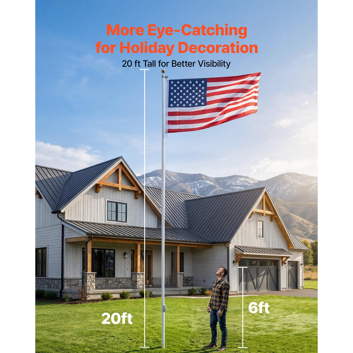 20ft Heavy Duty Aluminum Flag Pole Kit with American Flag for Yard & Garden