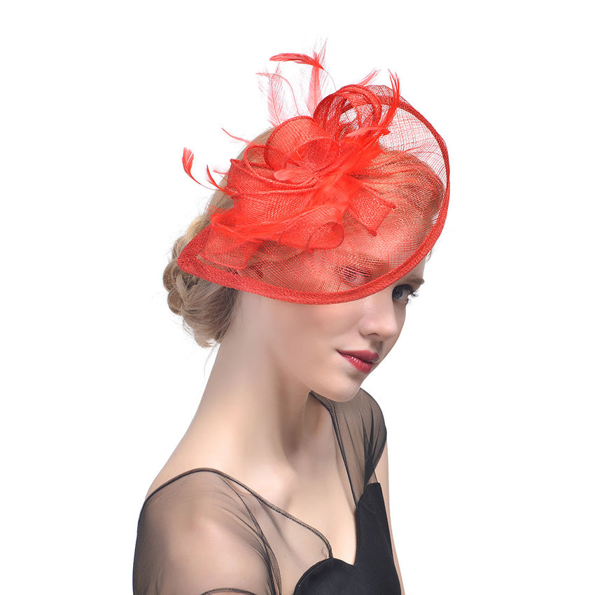 Bridal Feather Hairpin with Hemp Yarn Net and Flower Design – Wedding Hair Accessory