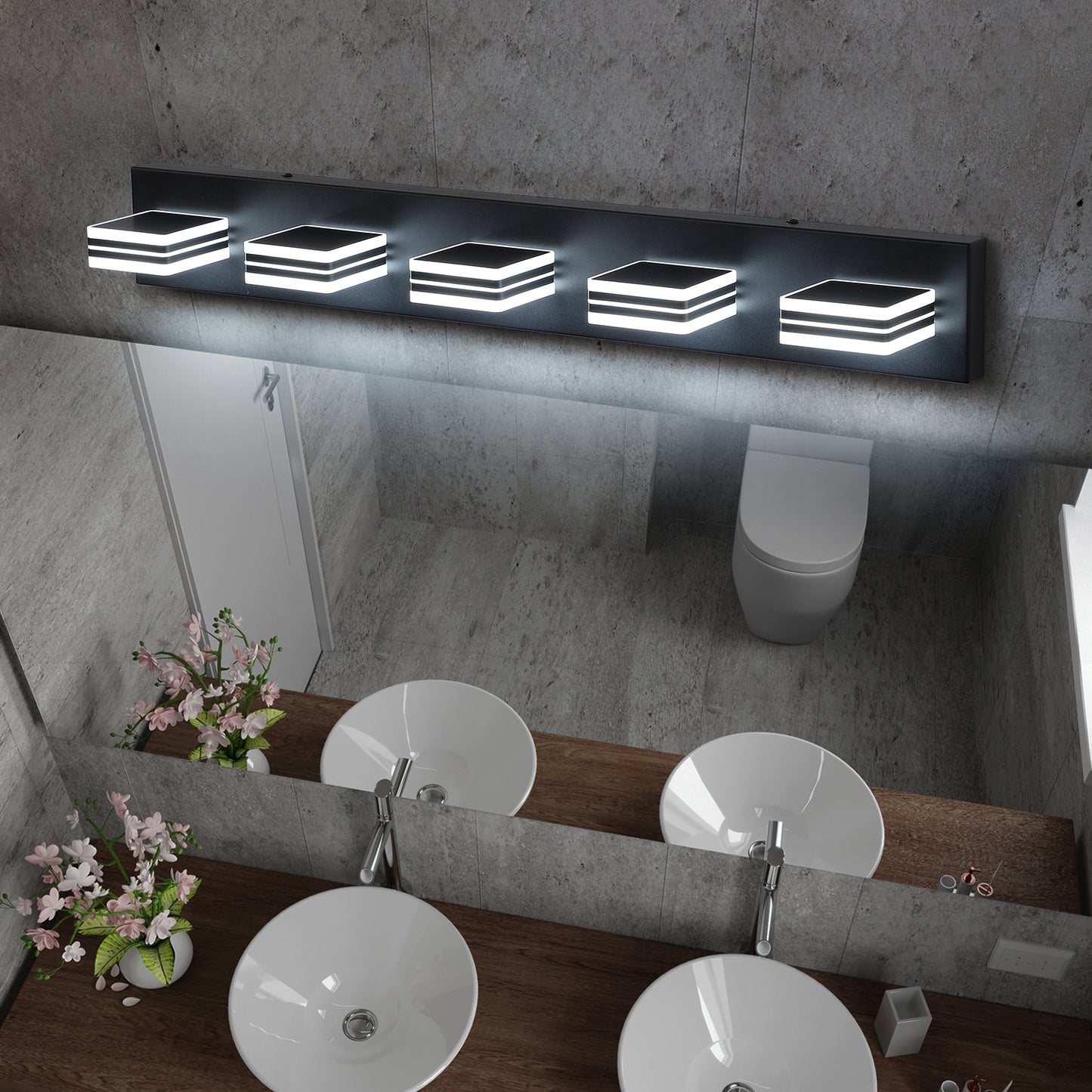 32-Inch Modern Black LED Vanity Light with Square Acrylic Shades