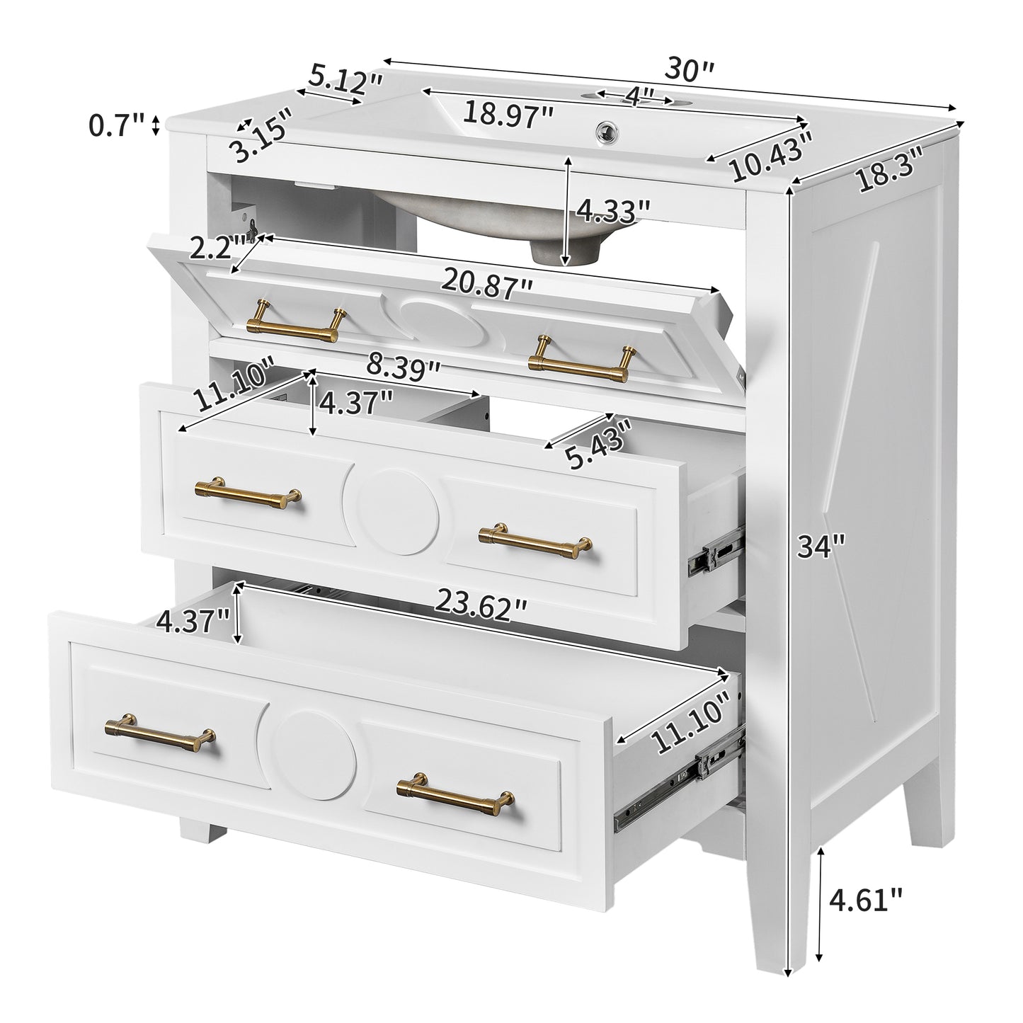 30'' White Bathroom Vanity with Ceramic Sink and 3 Drawers