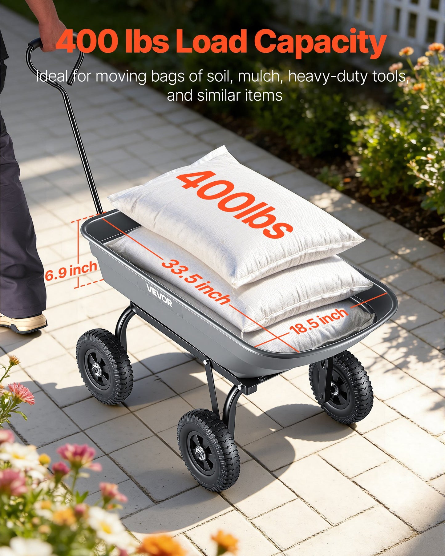 Garden Dump Cart 400 Lb Poly Yard Wagon with Quick-Dump & Swivel Wheels