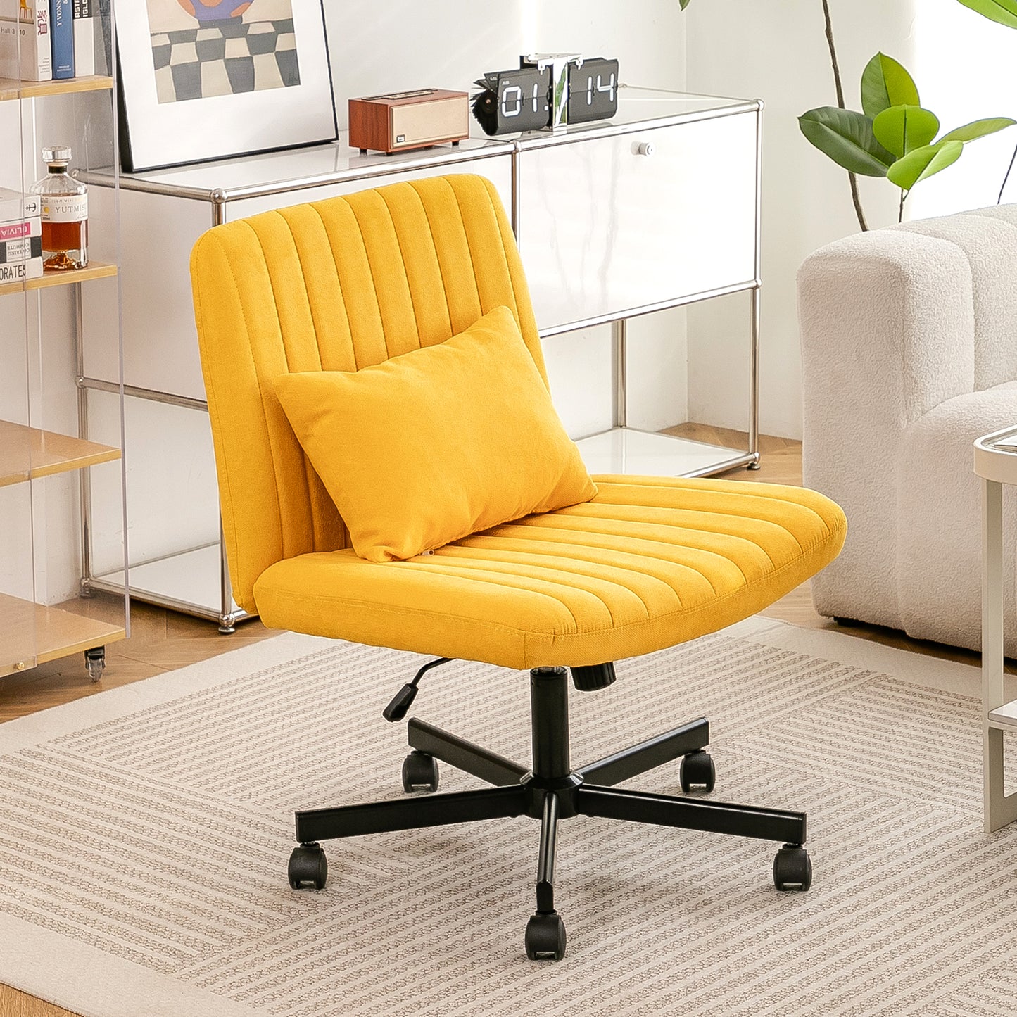 Yellow Linen Criss Cross Office Chair with Wheels - Ergonomic Design