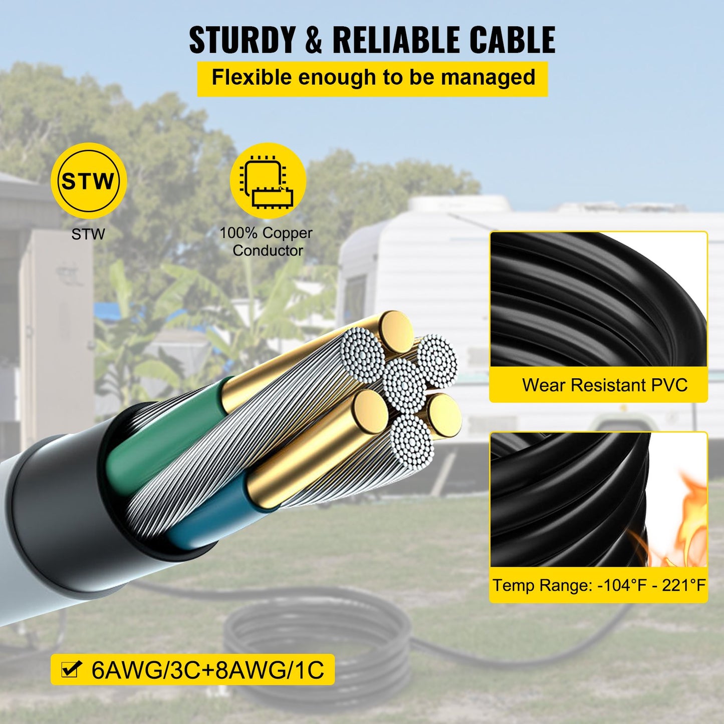 30Ft 50Amp Generator Power Cord STW Heavy Duty 6/3 + 8/1 Twist Lock Black