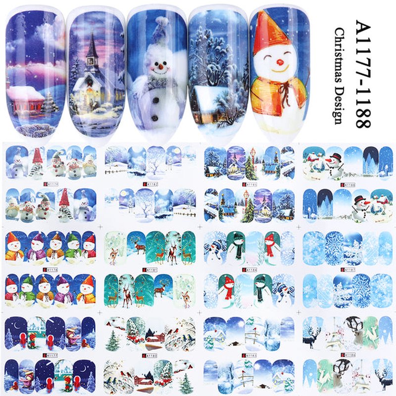 12pcs Cute Christmas Nail Stickers Cartoon Animal Design