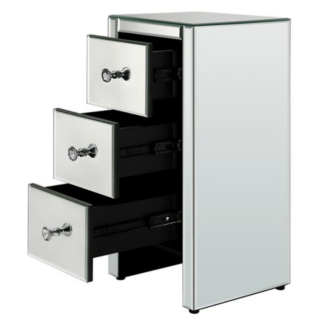 Mirrored Glass Bedside Table with 3 Drawers - Silver