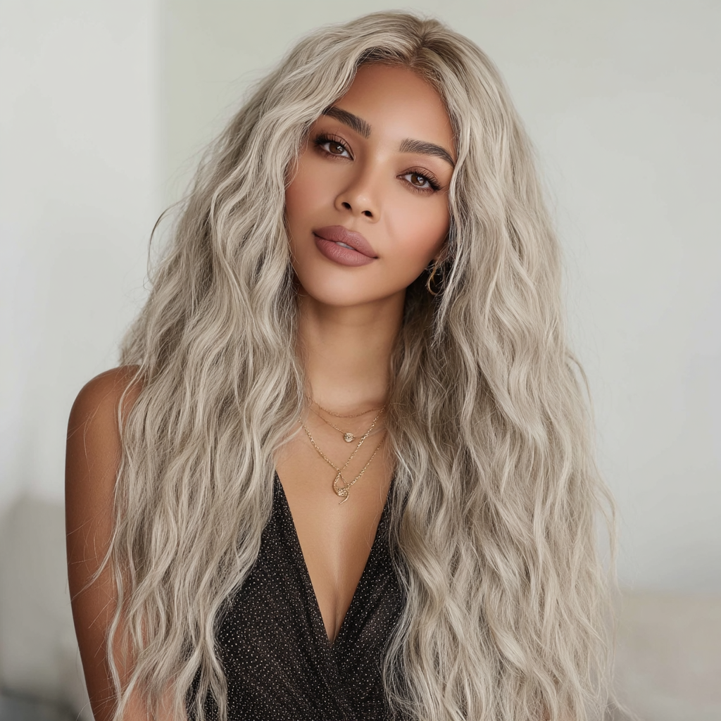24-Inch Lace Front Wavy Curly Wig - Gray Gradient Synthetic Hair