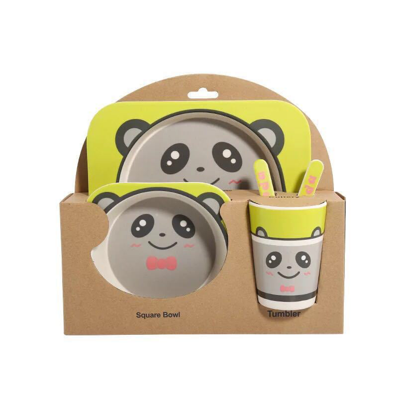 Baby Bamboo Tableware Set 5pcs - Cartoon Childrens Dinnerware for Kids