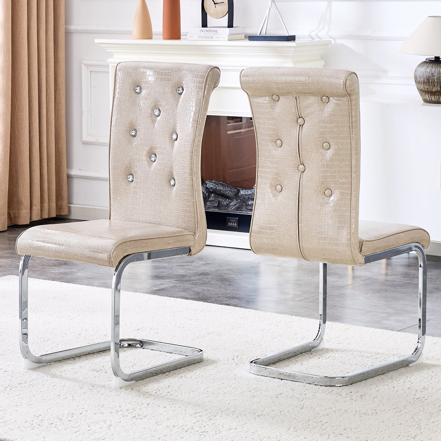 Set Of 2,Retro Alligator Skin Upholstered Dining Chairs,with Crystal