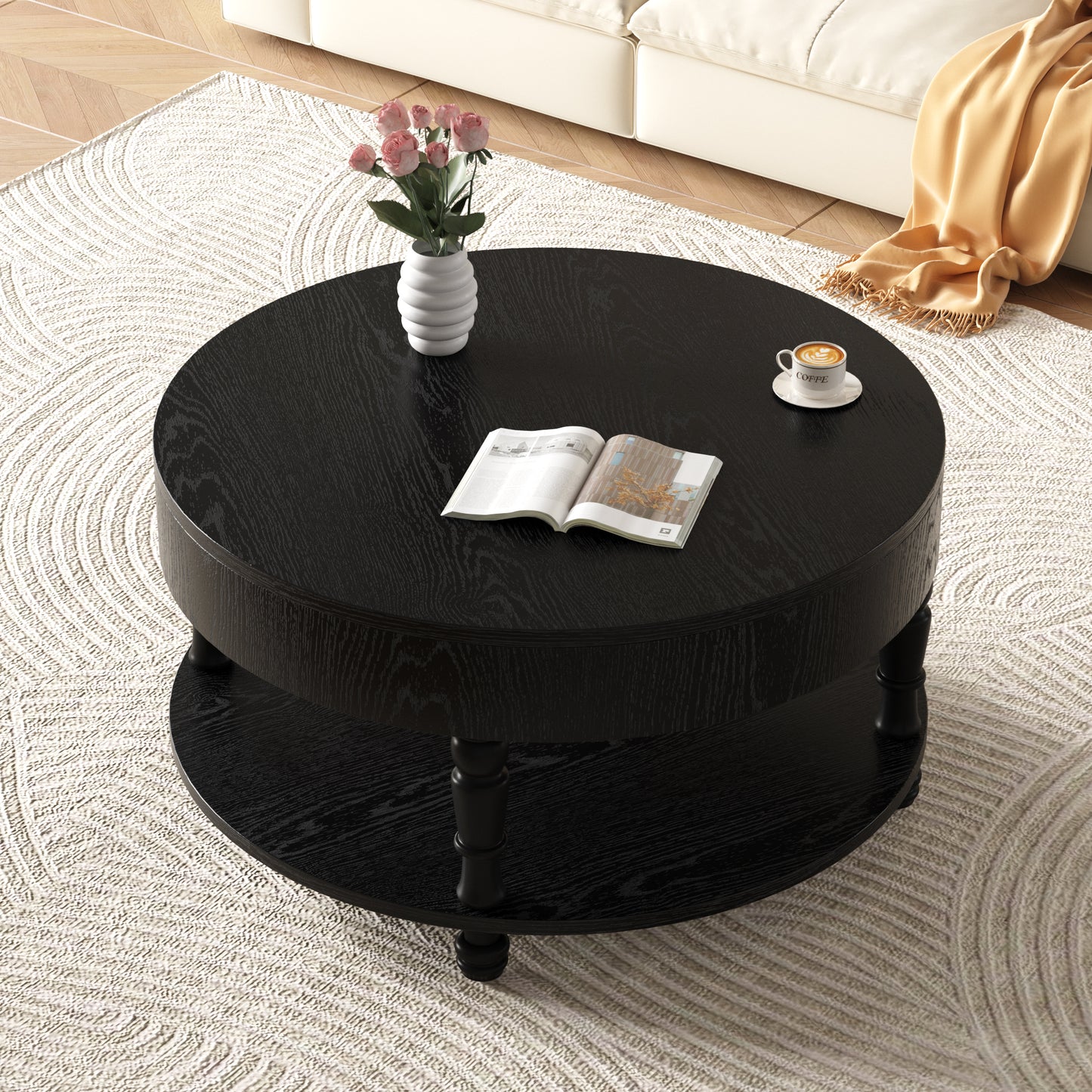 Modern Round Coffee Table with Dual Storage - Black, 31.5"
