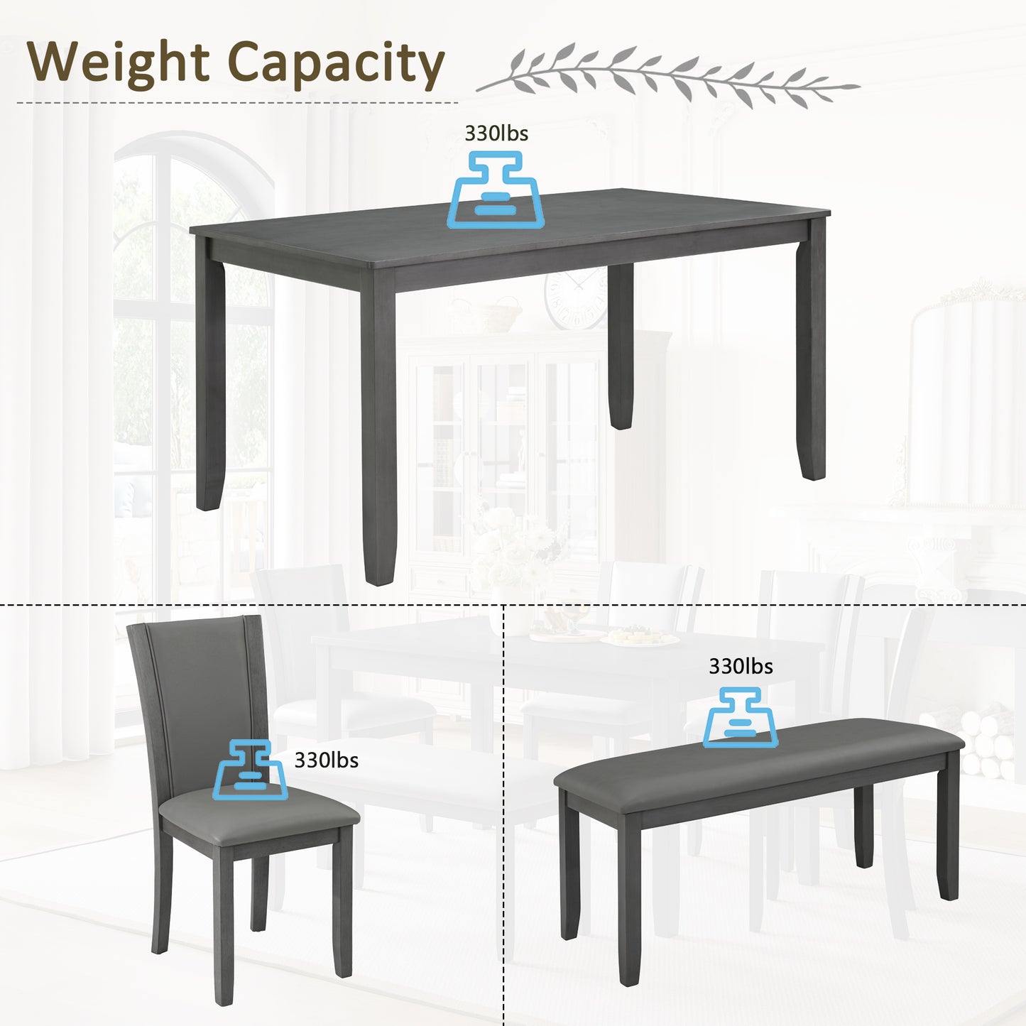 6-Piece Wooden Dining Table Set with Bench and Chairs - Gray