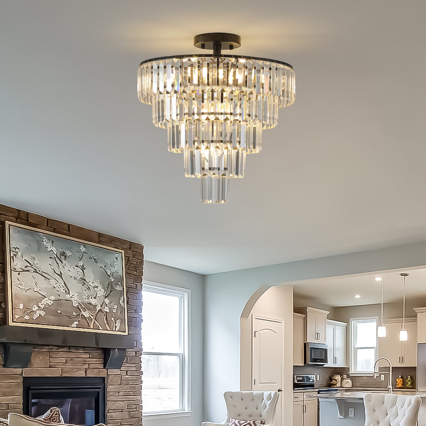 Modern Black Crystal Chandelier - 10-Light Flush Mount Fixture