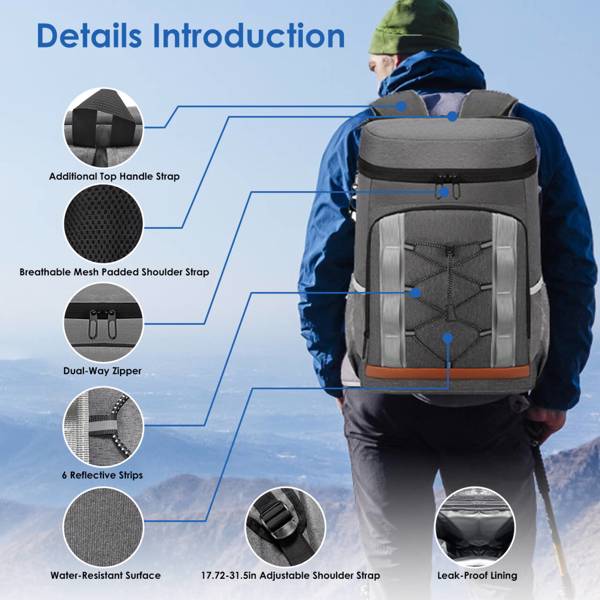 Insulated Cooler Backpack - 36 Can Leakproof, 25L Capacity - Gray