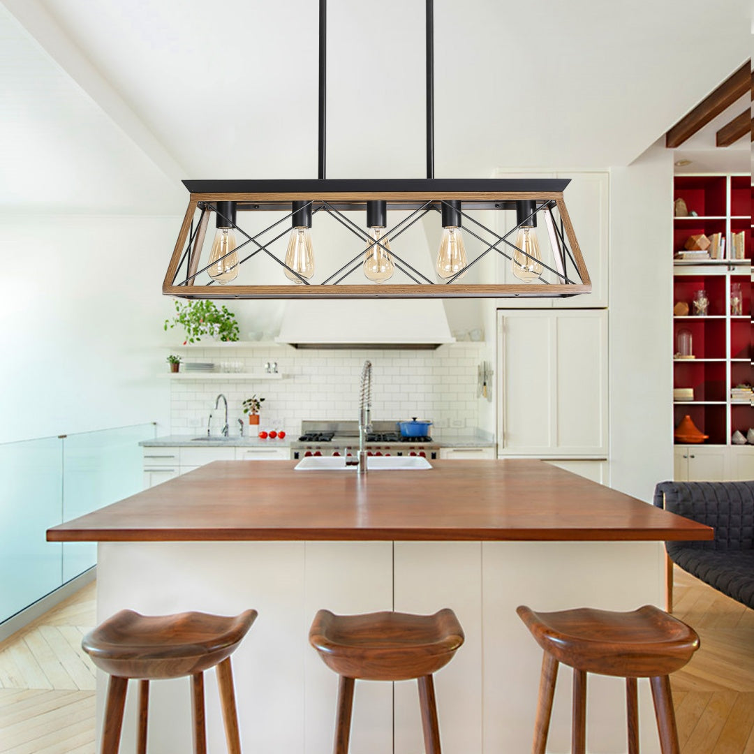 32-Inch Walnut Industrial 5-Light Pendant Chandelier - Adjustable