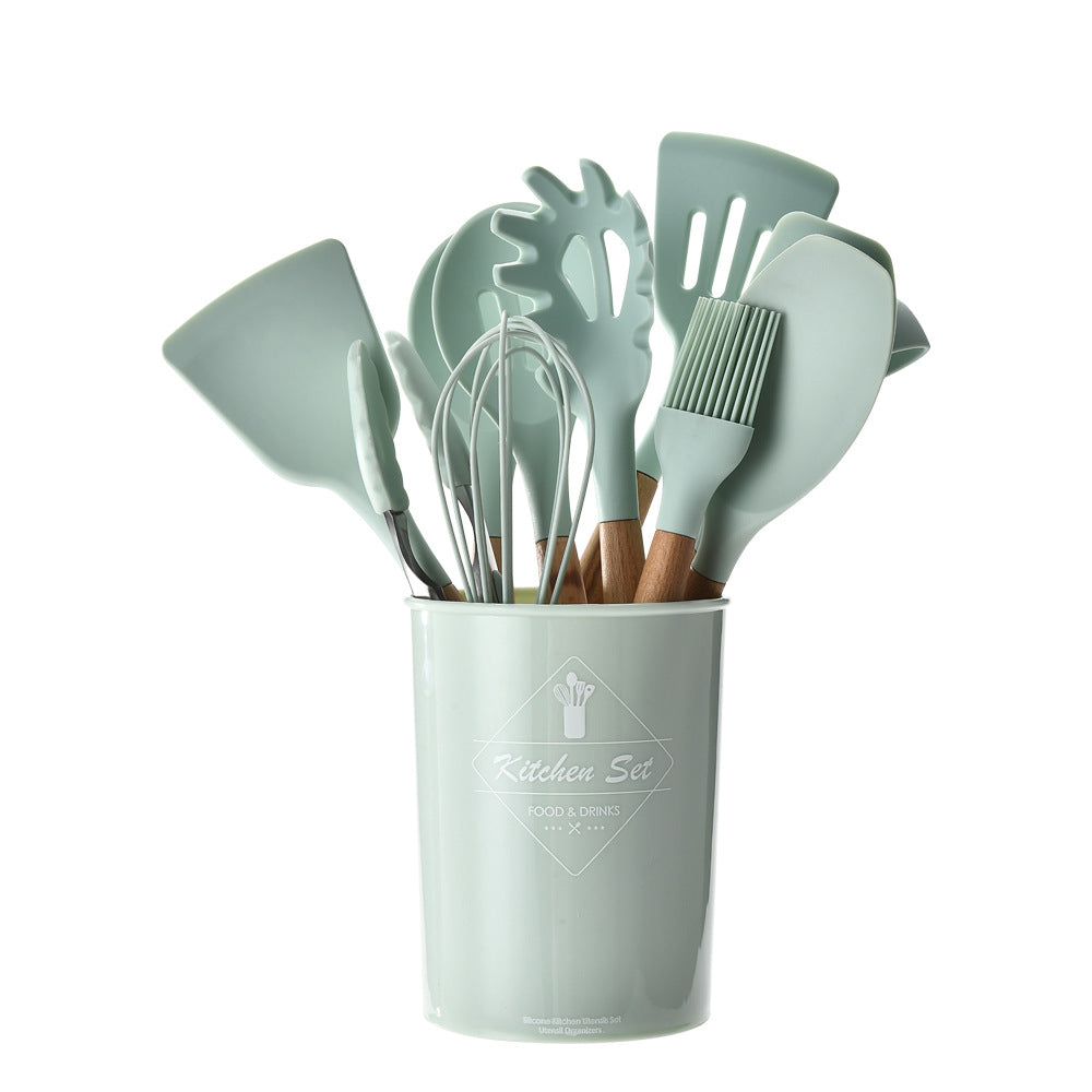 Silicone Kitchen Utensil Set with Wooden Handles - 12pcs Heat-Resistant Cooking Tools