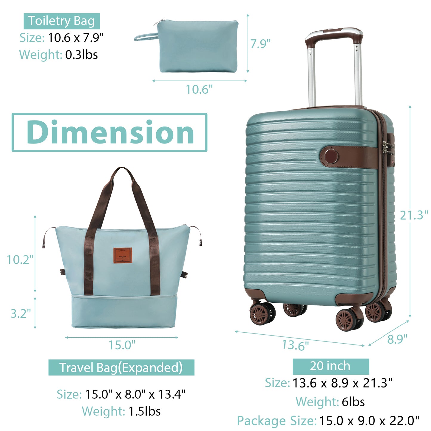 3-Piece Luggage Set - 20-Inch Carry-On Suitcase with Wheels - Blue