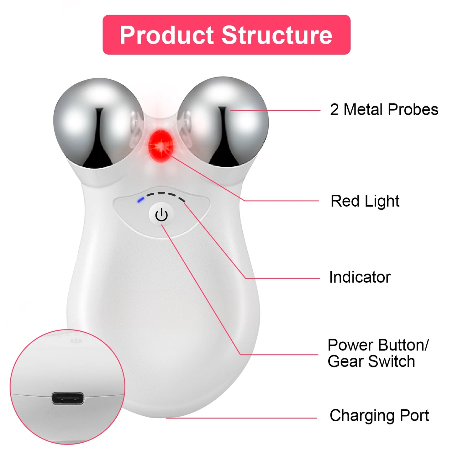 Microcurrent Facial Massager with Red Light Therapy - 5-Gear Skin Lifting - Pink