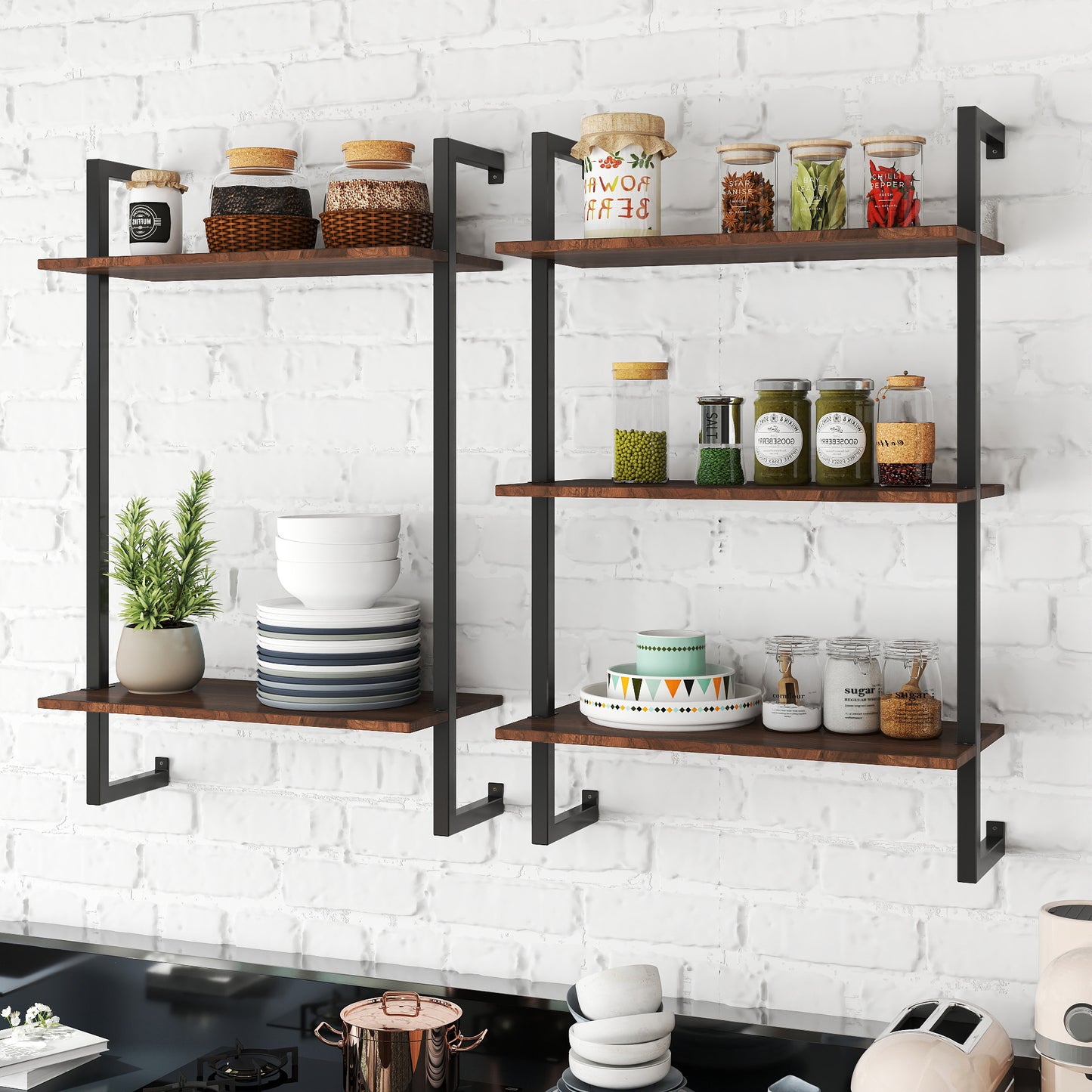3-Tier & 2-Tier Metal and Wood Bathroom Shelf - Walnut
