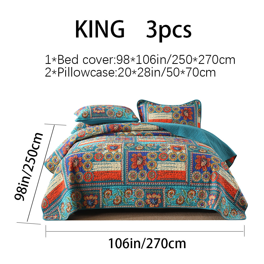 Full Queen & King Reversible Cotton Bedspread Set with Bohemian Patchwork Design