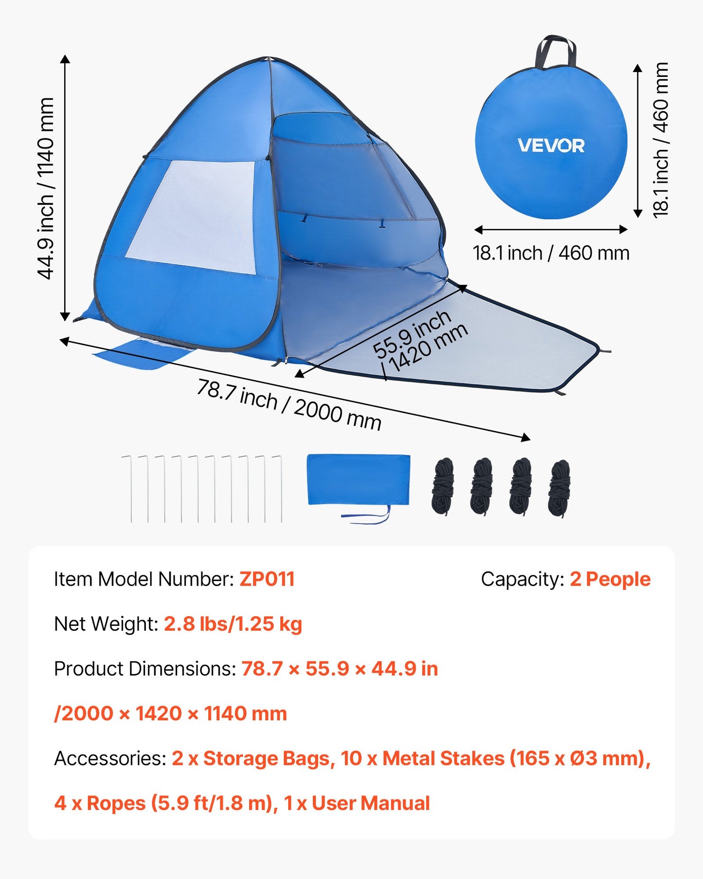 2-Person Portable Beach Tent Sun Shelter UPF 50+ Canopy with Carry Bag & Sand Pockets