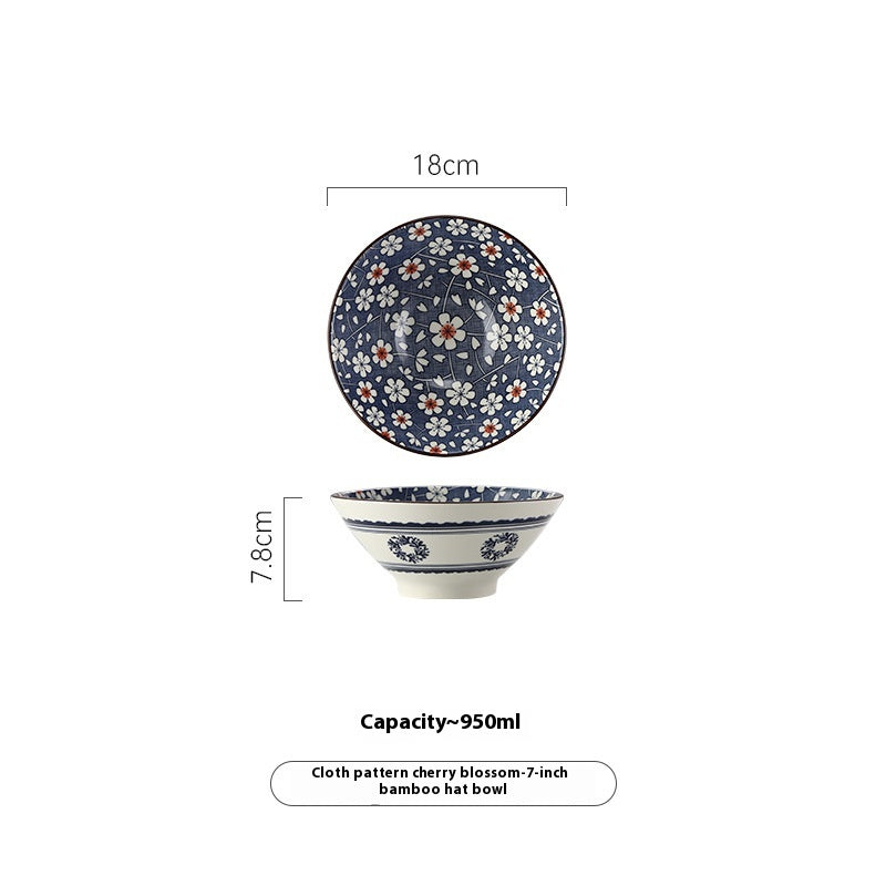Retro Japanese Style 7-Inch Porcelain Ramen Bowl with Bamboo Hat Shape
