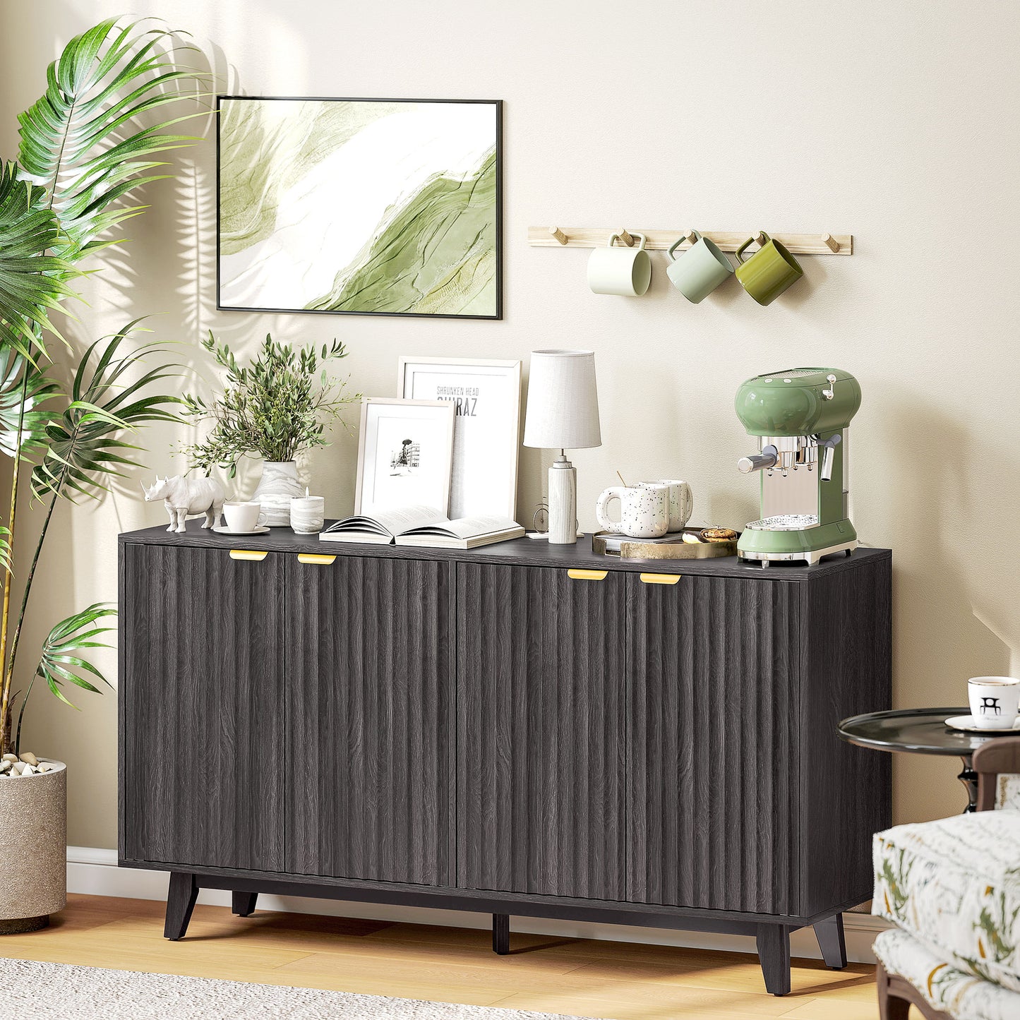Fluted Buffet Cabinet - 55" Dark Gray with 4 Doors & Adjustable Shelves