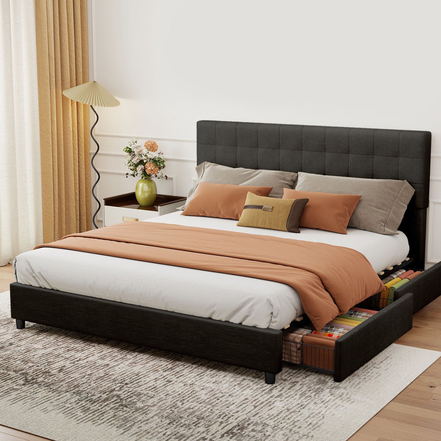 King Size Bed Frame Upholstered Vertical Channel Headboard With 4
