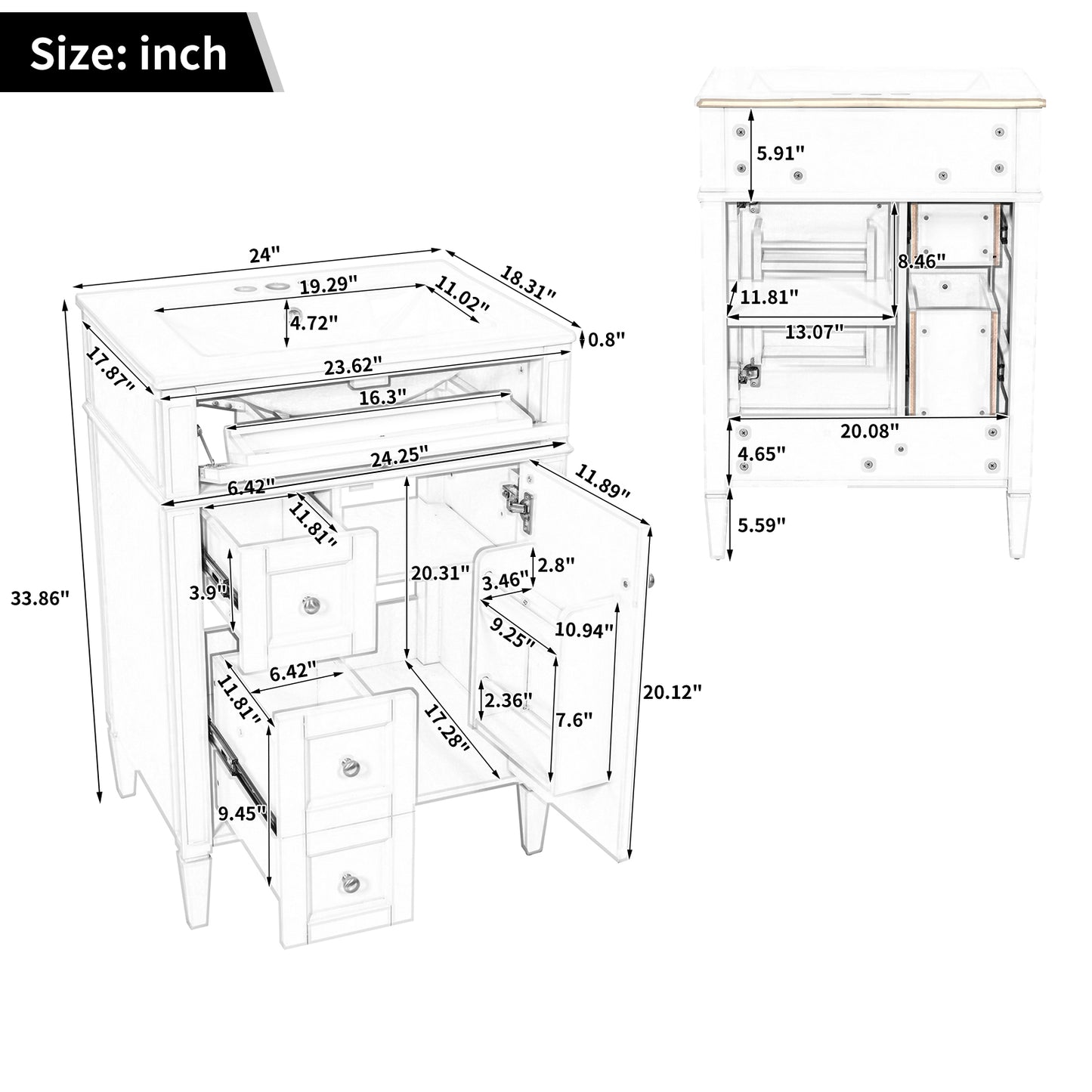 24-Inch Modern Bathroom Vanity with Sink and Storage - Black