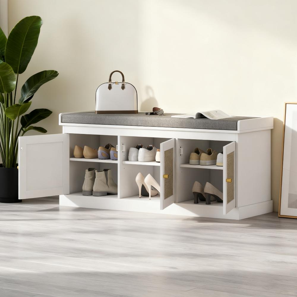 Shoe Storage Bench with Woven Rattan Doors & Cushion - Gray White
