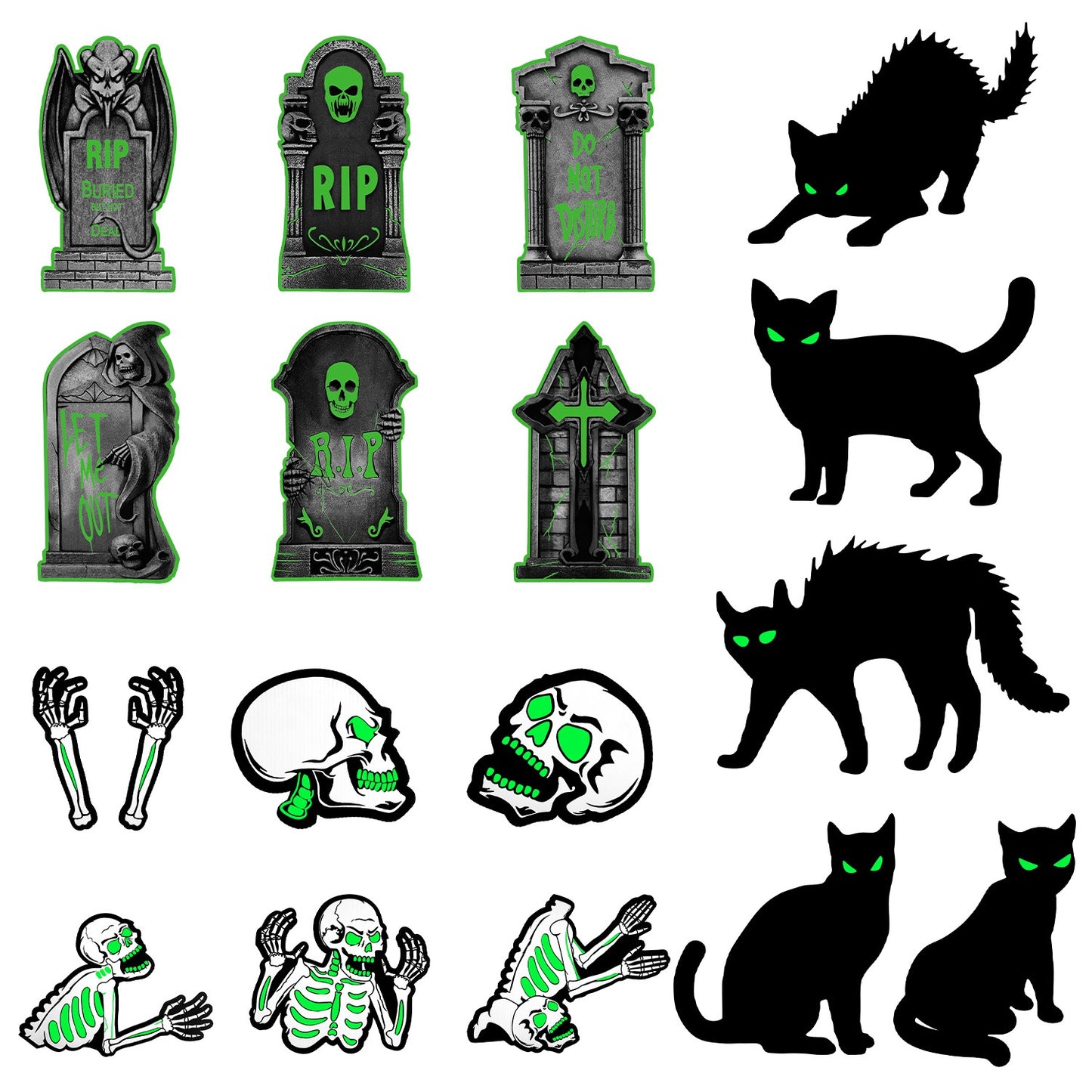 Glow In The Dark Halloween Yard Sign Set - 6 Pcs Skeleton & Cat
