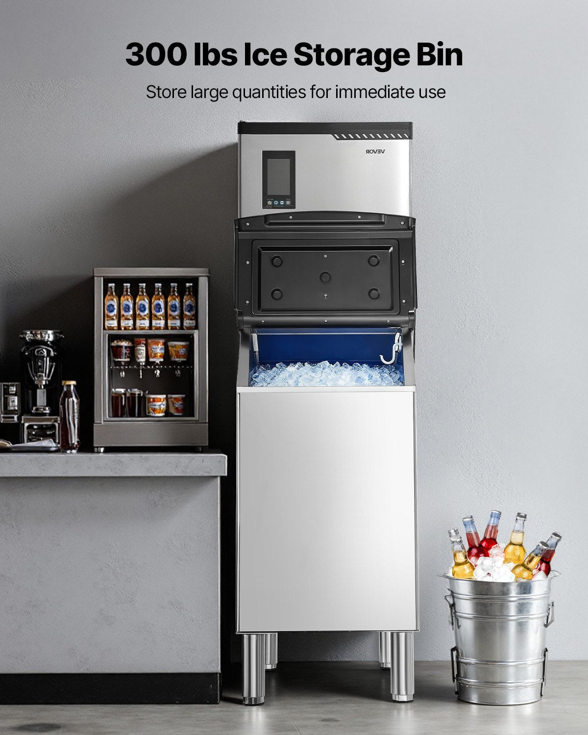 Commercial Ice Maker Machine 300Lbs/24H with Stainless Steel Bin & Touchscreen
