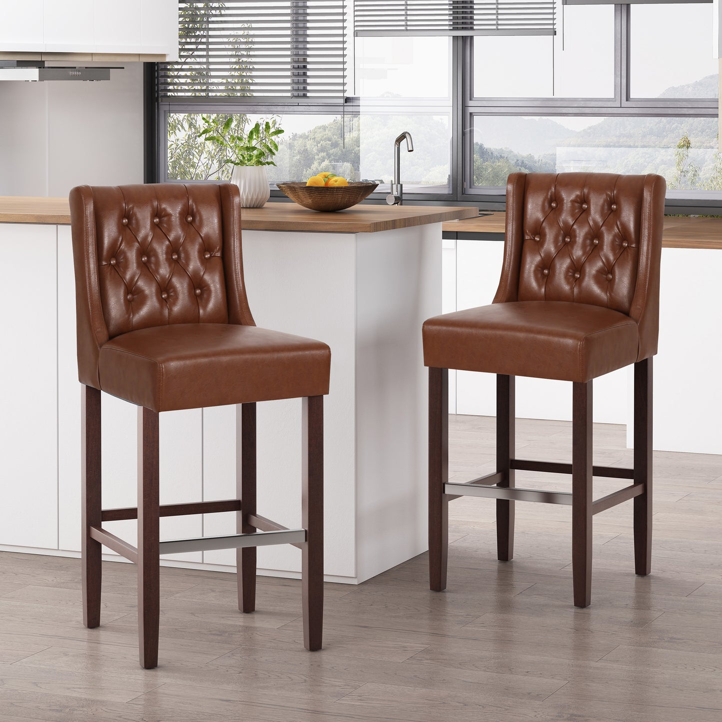 30.5 Inch Seat Height Bar Stool, Light Brown PU Upholstery With Back