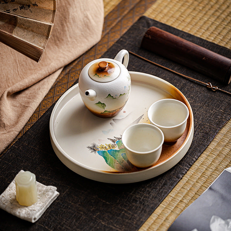 Japanese Style Ceramic Tea Saucer with Bamboo Tray - Round Household Tea Holder