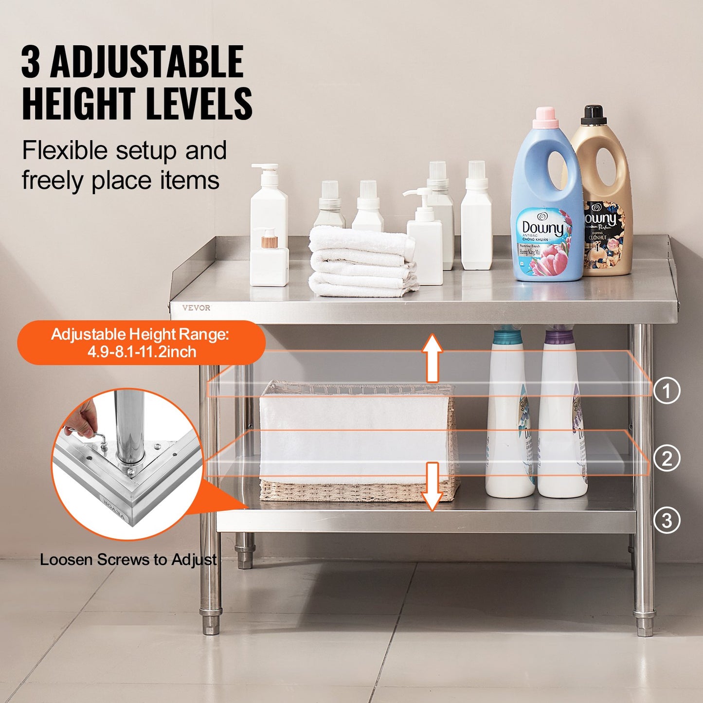 30x36 Stainless Steel Work Table with Adjustable Height - Heavy Duty Food Prep Table
