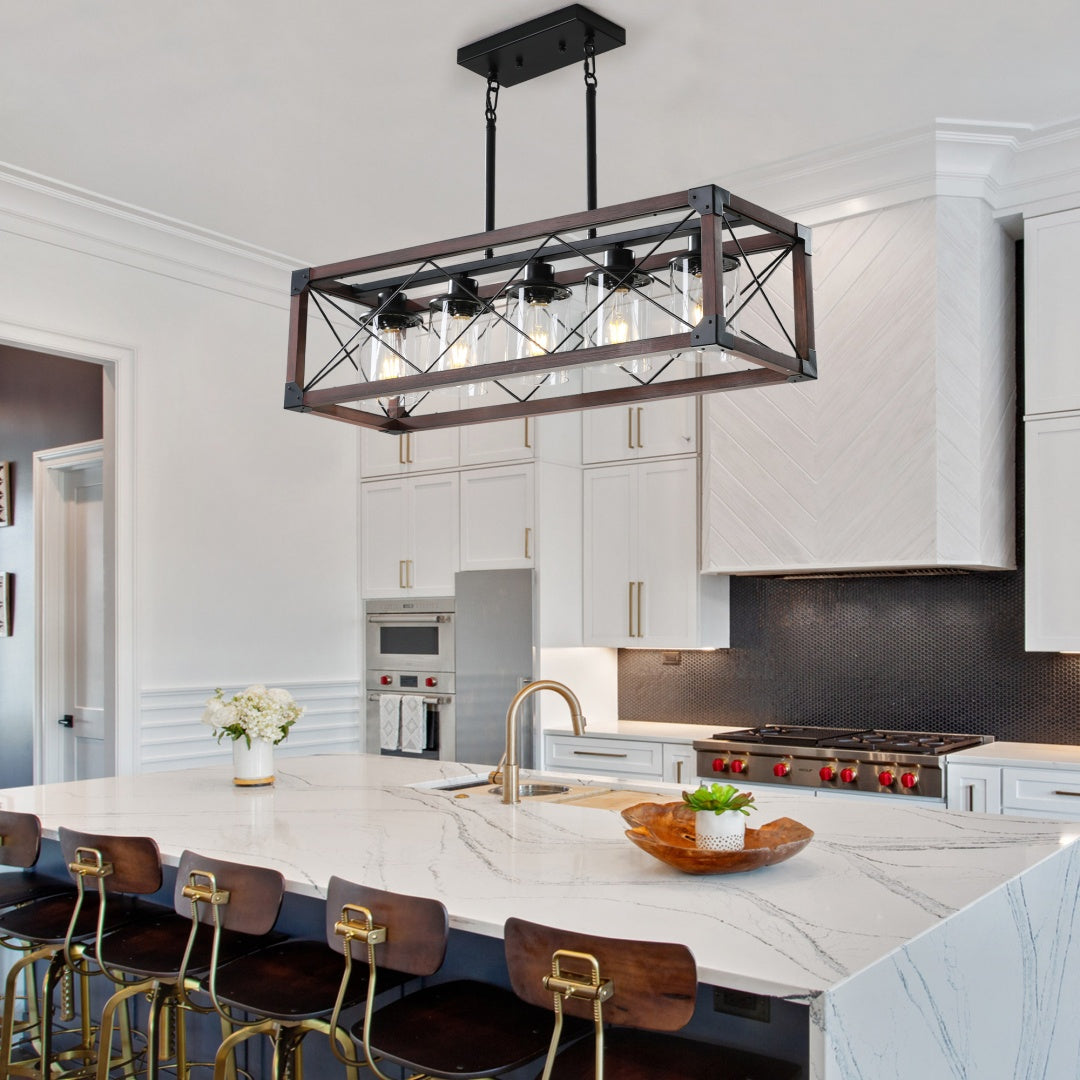 32-Inch Red Industrial Farmhouse Pendant Light - 5-Light Chandelier