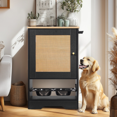 Pet Feeding Station with Storage Cabinets and Elevated Bowls - Black