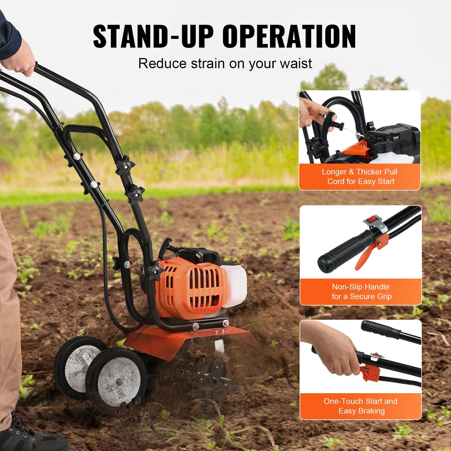 Garden Tiller Cultivator 43CC 2-Stroke with Adjustable Tines, Orange