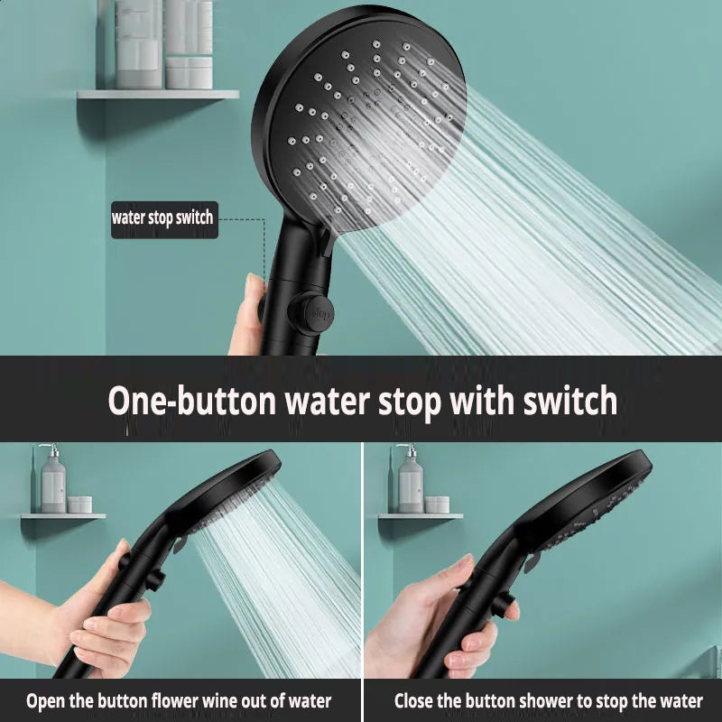 All-Black Five-Speed Shower Head with Water Stop & Self-Cleaning Function