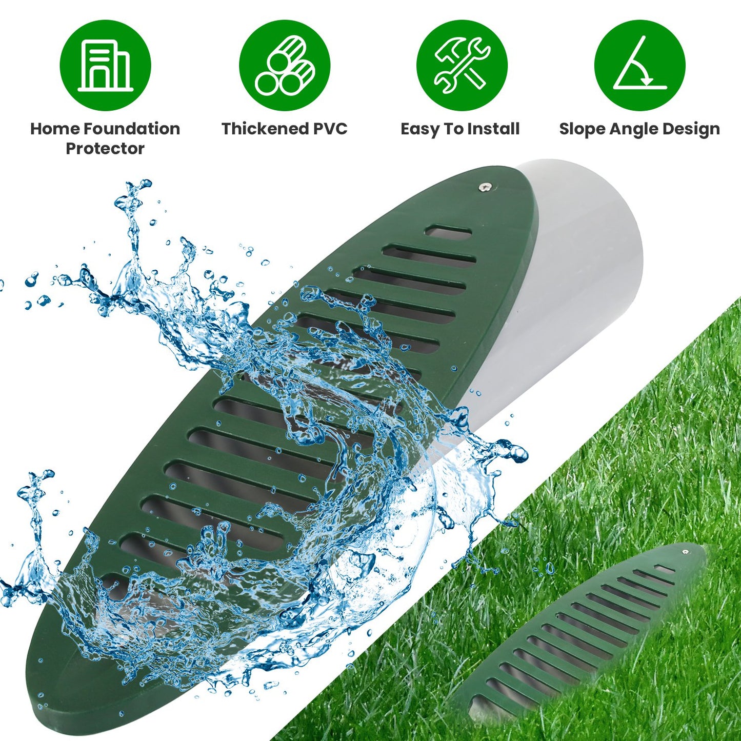 Green 4-Inch Angled Yard Drain Pipe with Sloped Grate for Foundation Drainage
