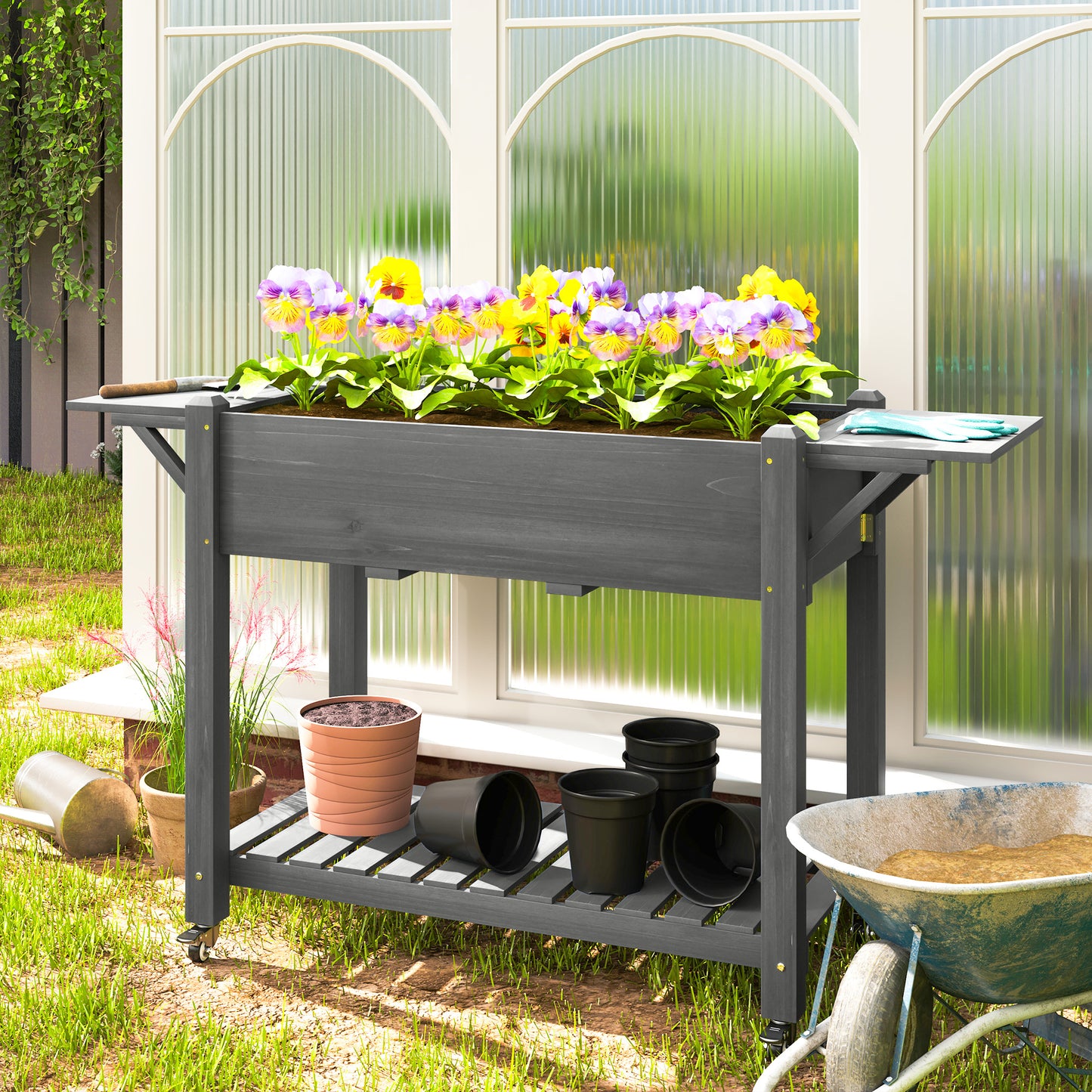 Wood Raised Garden Bed with Lockable Wheels & Side Tables - Gray