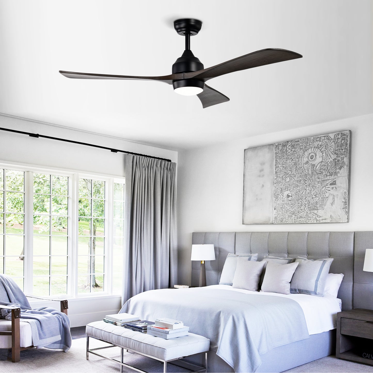 52-Inch Matte Black Solid Wood Ceiling Fan with Lights & Remote Control