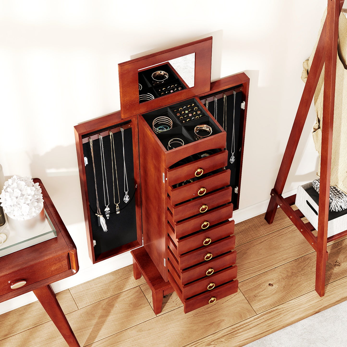 Jewelry Storage Cabinet with 9 Drawers and Flip Top Mirror