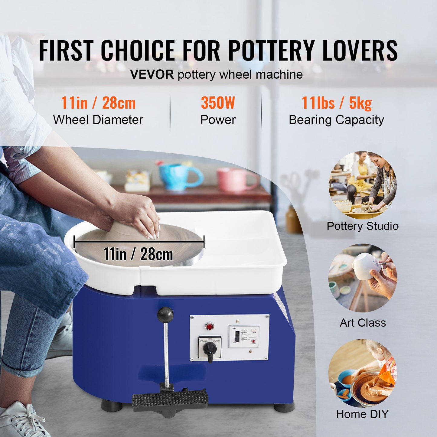 Pottery Wheel 350W, 11-In Clay Forming Machine with Adjustable RPM, Handle & Pedal Control, Detachable Basin for Beginners & Adults, Blue