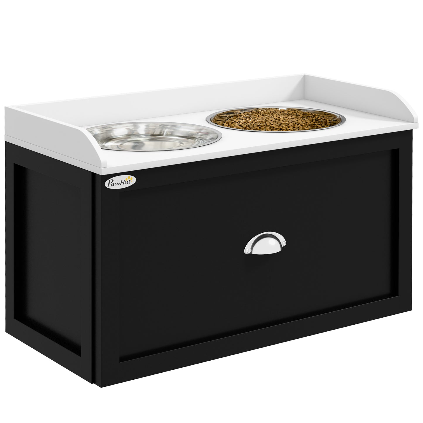 Elevated Dog Food Station with Storage - Large Pet Bowls Set, White & Black