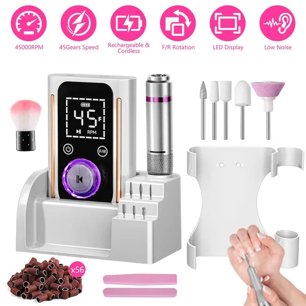 45000 RPM Portable Electric Nail Drill Kit with 11 Bits - White