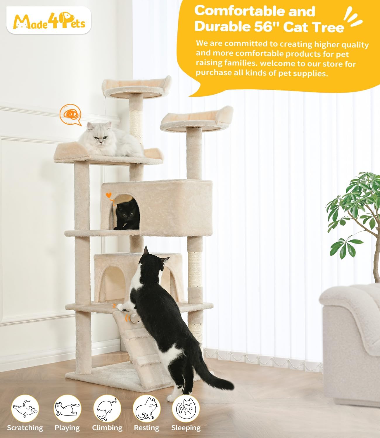 Multi-Level Cat Tree Tower with Scratching Posts and Toys - 56 Inch Indoor Cat Activity Center