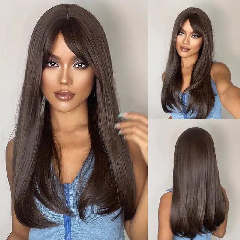 Fashionable Medium Length Synthetic Wig with Eight Character Bangs - Black or Silver