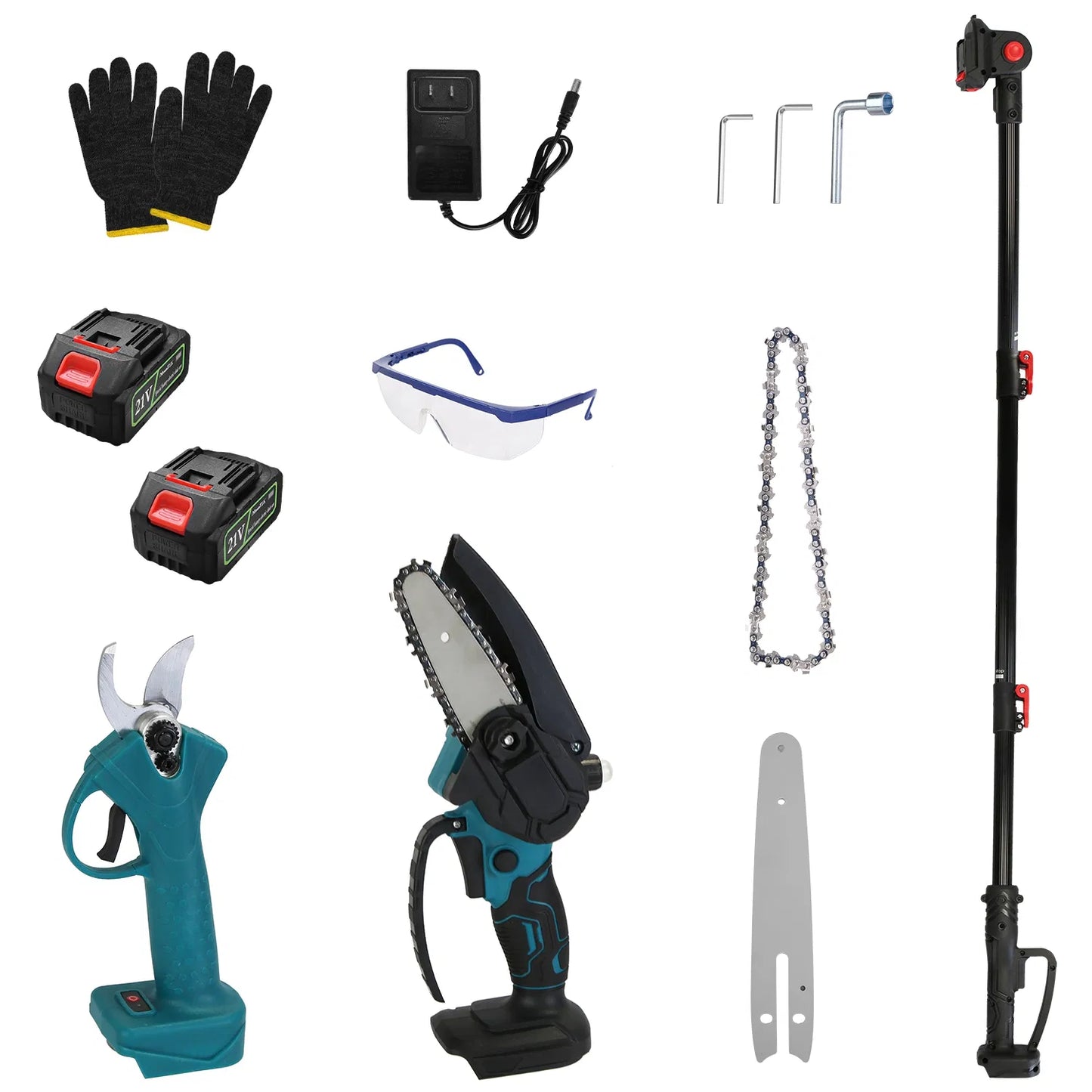 4 in 1 Cordless Pruning Shear & Chainsaw Set with Extension Poles - Brushless Motor, 2 Batteries